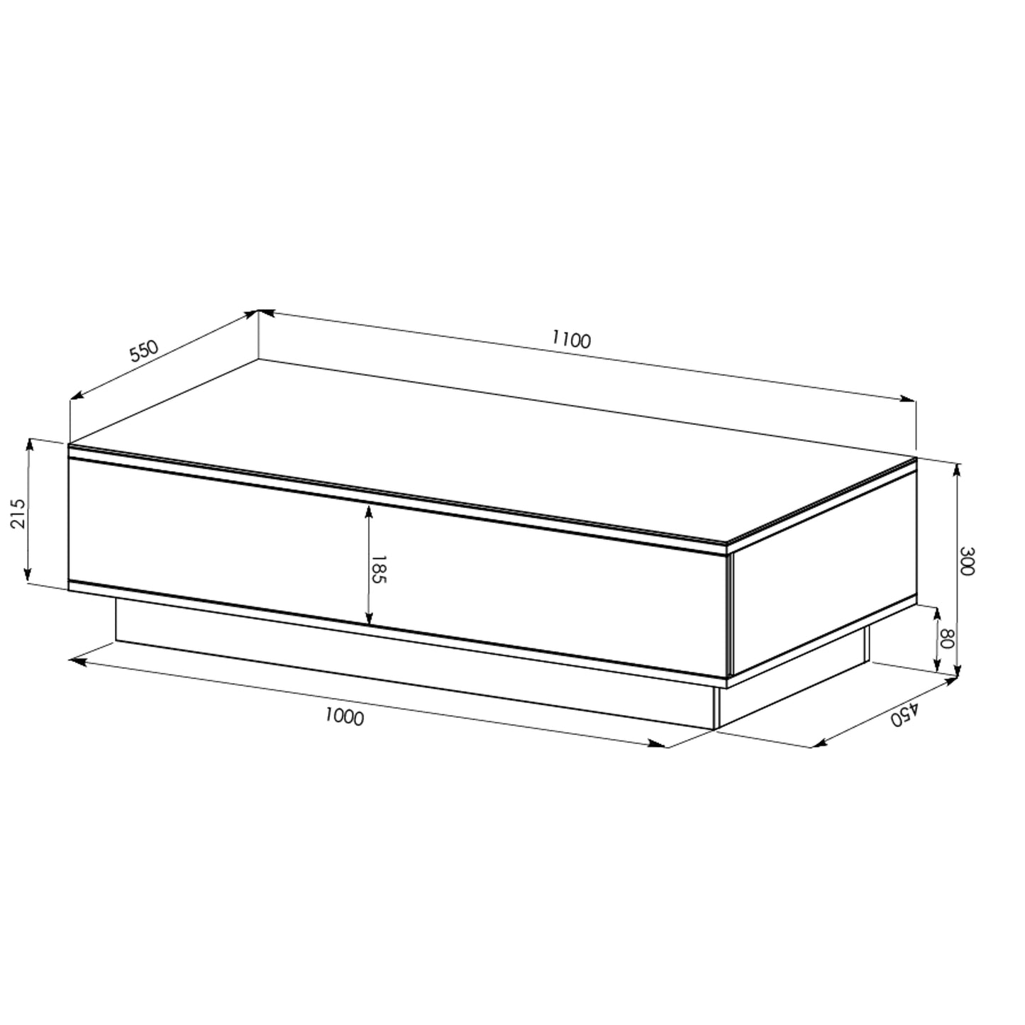 Tauris Titan Coffee Tables 1100mm Glass Front Drawer Tempered Glass Top, Black