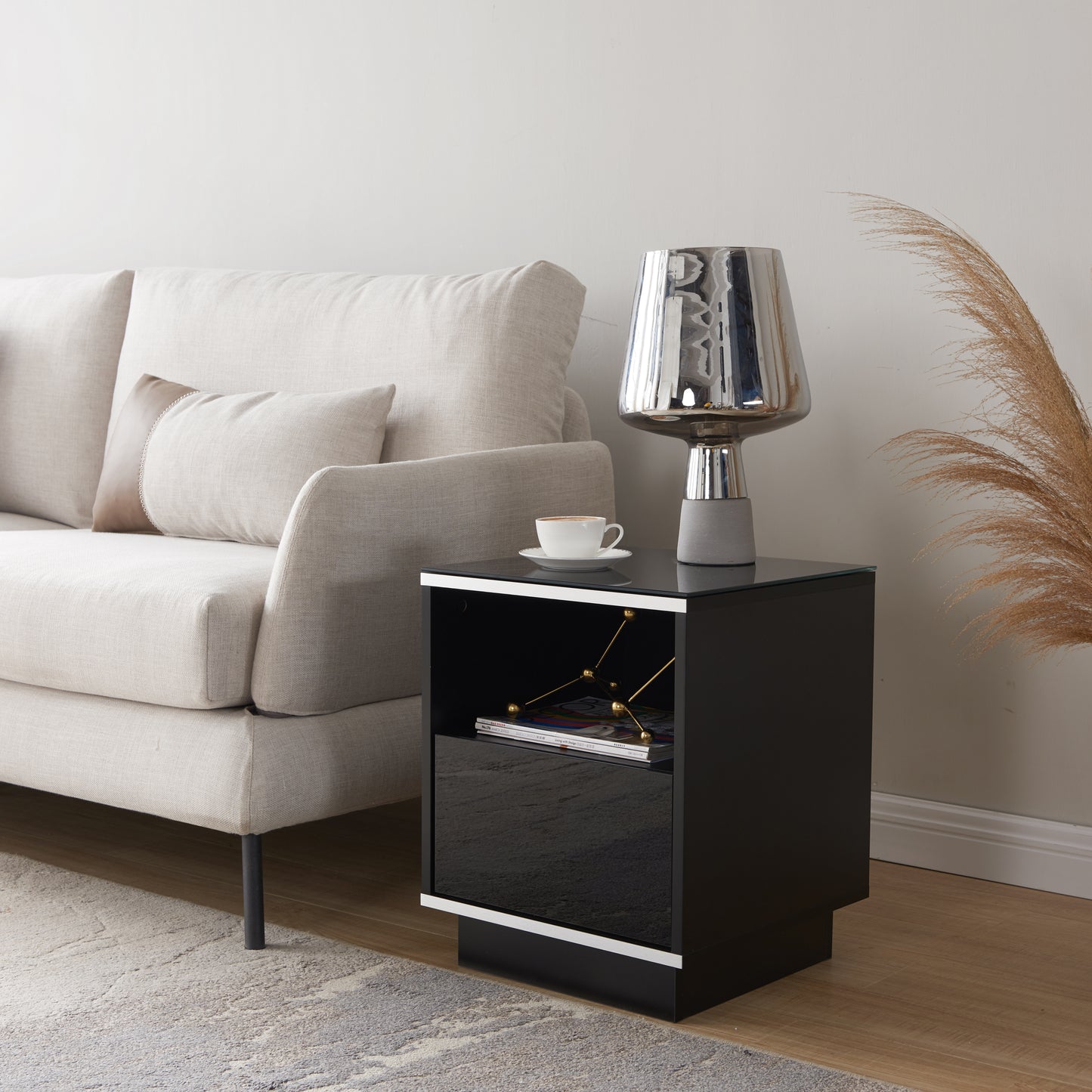 Tauris Titan End Table 400mm Glass Front Drawer Tempered Glass Top, Black