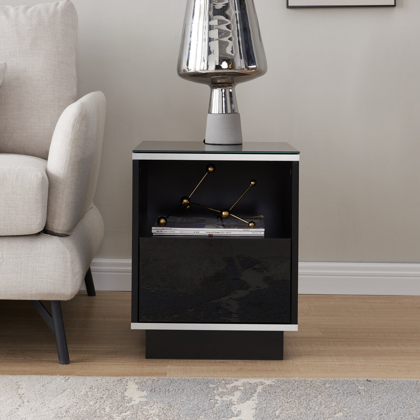 Tauris Titan End Table 400mm Glass Front Drawer Tempered Glass Top, Black