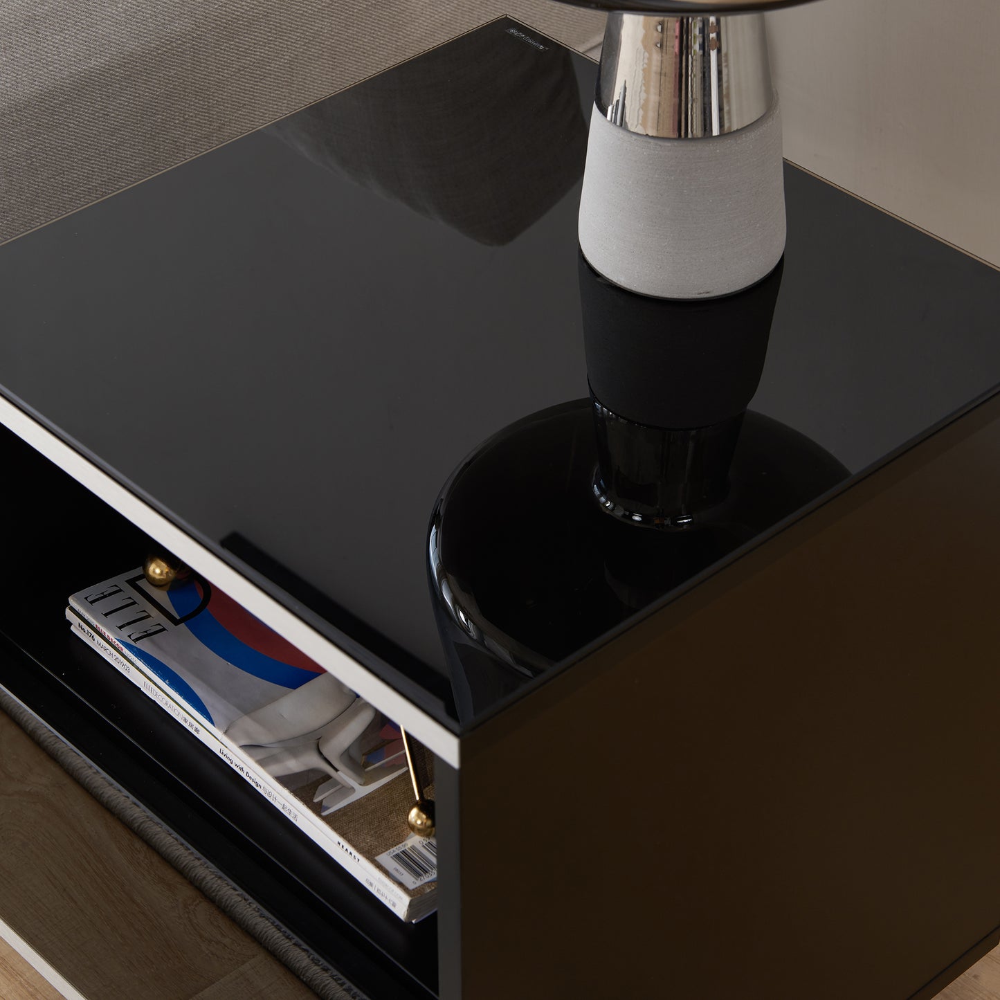 Tauris Titan End Table 400mm Glass Front Drawer Tempered Glass Top, Black
