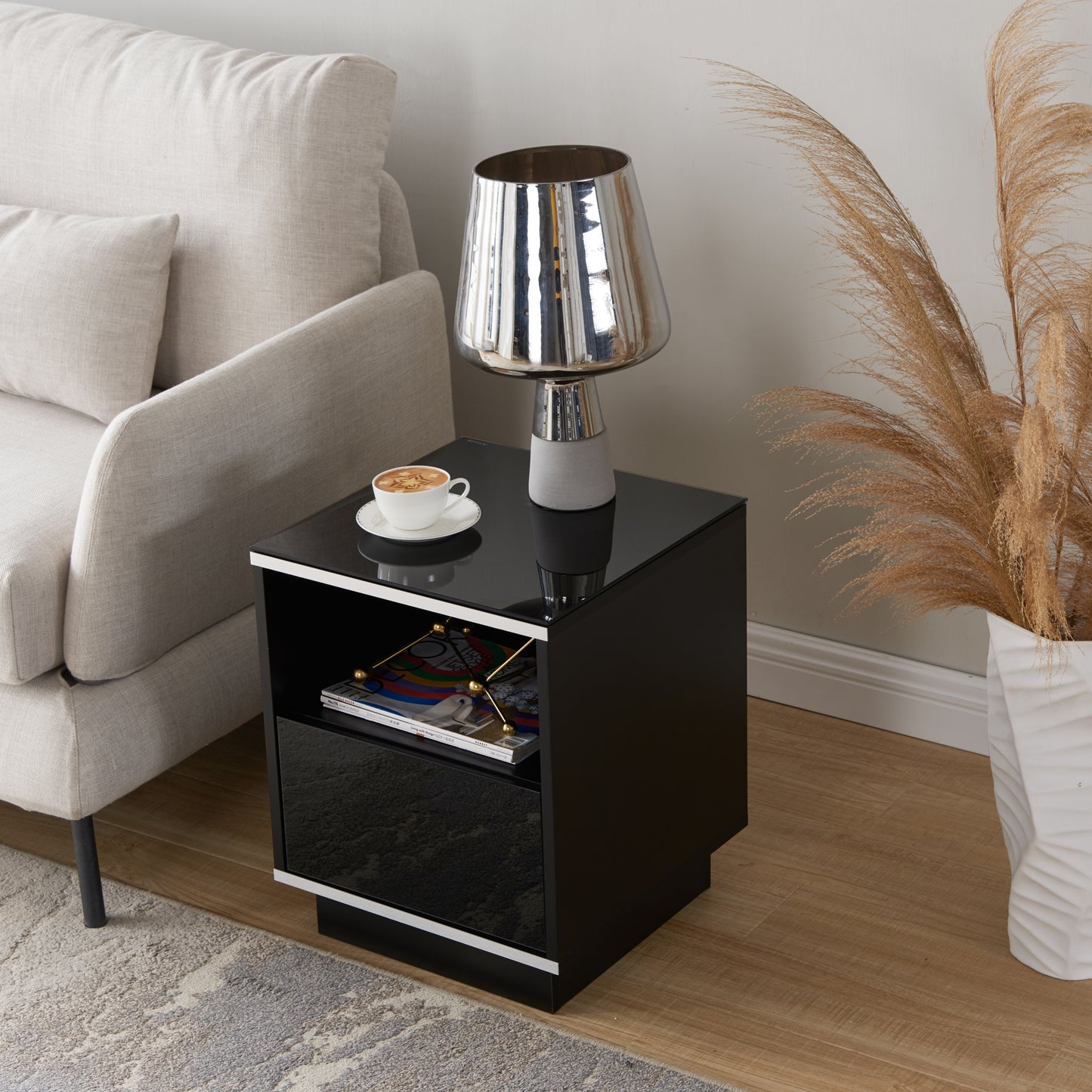 Tauris Titan End Table 400mm Glass Front Drawer Tempered Glass Top, Black