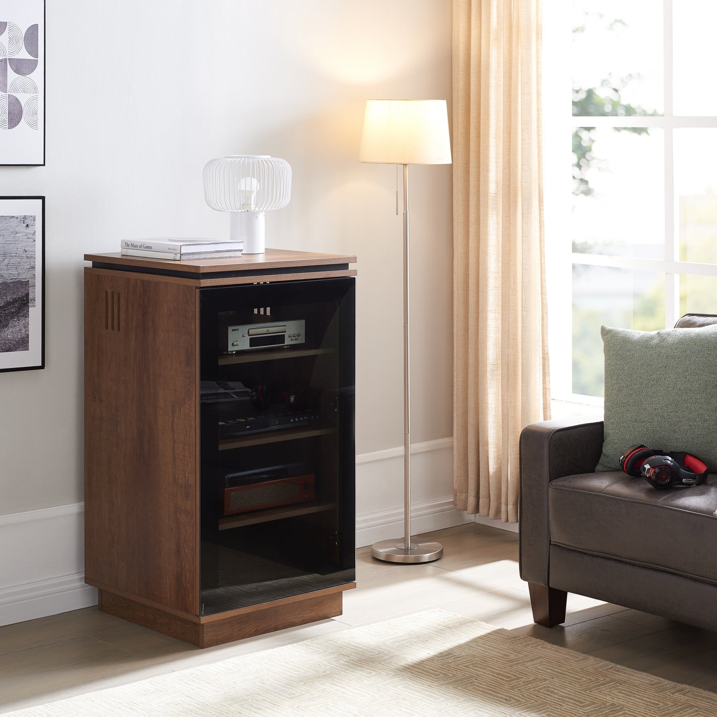 Tauris Titan Media Storage Cabinet, Hi Fi Cabinet, Tempered Glass Door, Dark Oak