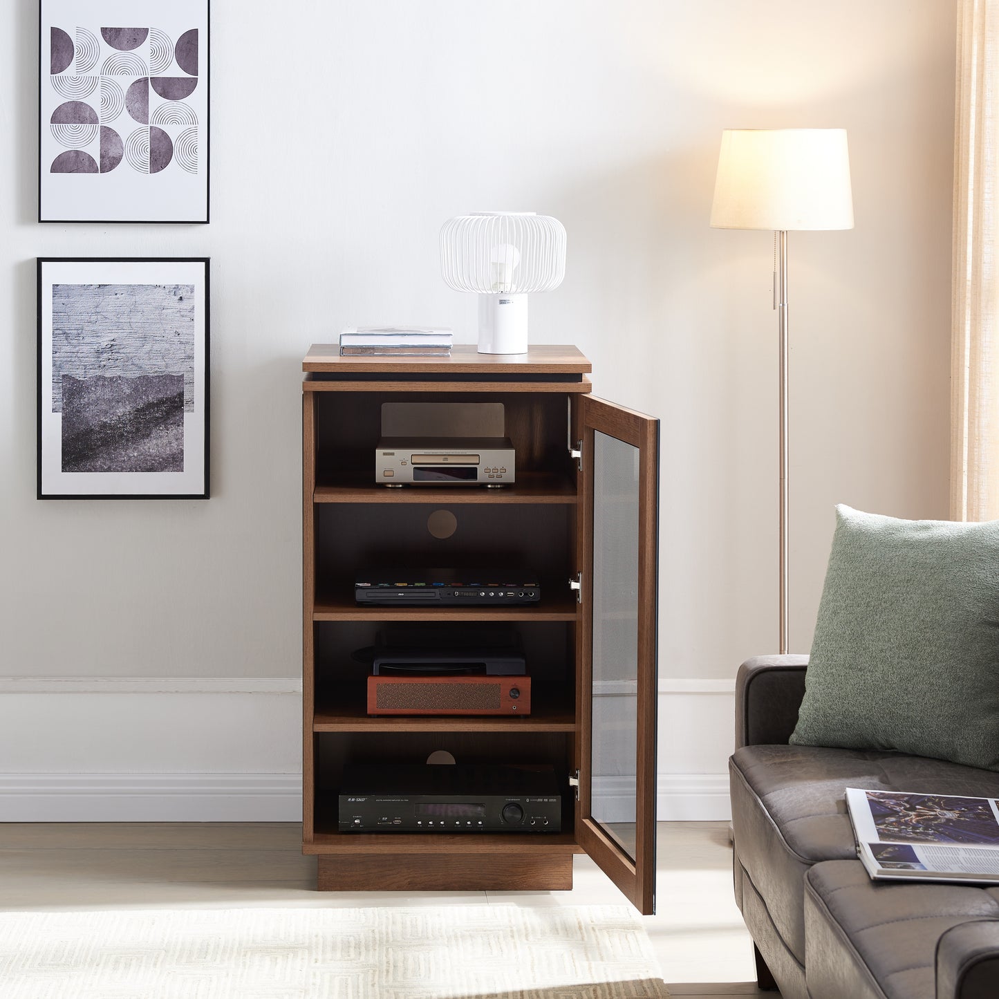 Tauris Titan Media Storage Cabinet, Hi Fi Cabinet, Tempered Glass Door, Dark Oak