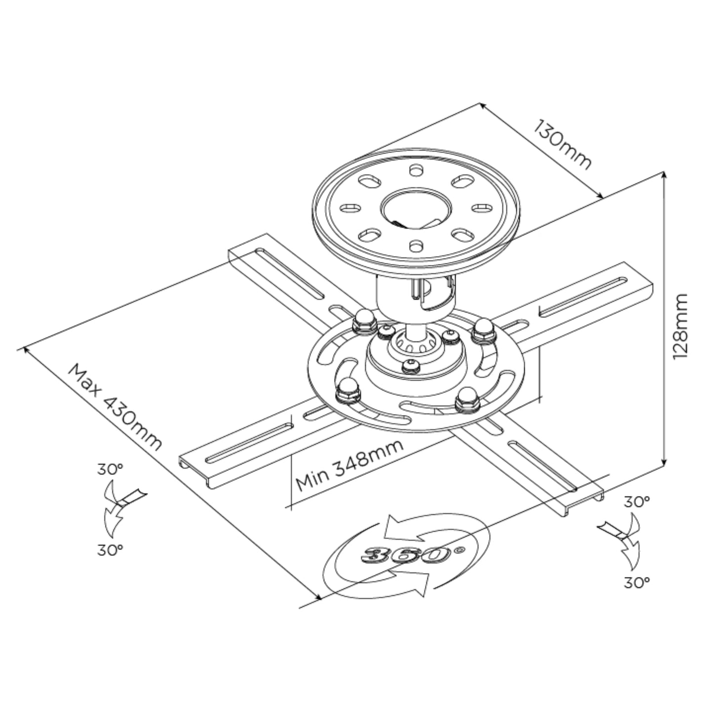 Tauris Projector Mounts 360° Swivel, 60° Tilt 348-430mm Max Mounting, 25kg Maximum Weight Capacity Black