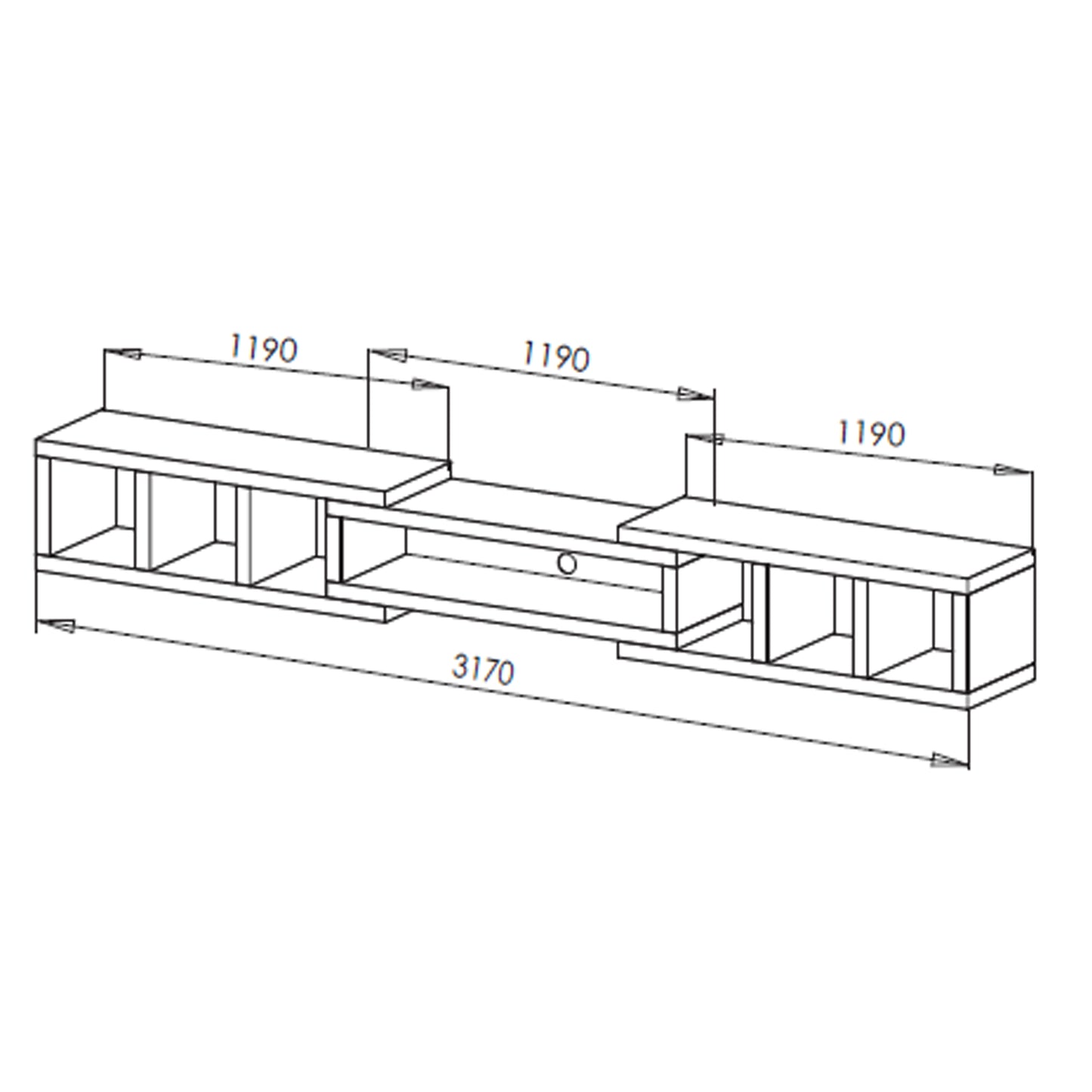 Tauris Astro Entertainment Center, TV Unit, Entertainment Unit 317cm Expandable Low Line Black Oak Dark Oak Line Dimensions Image