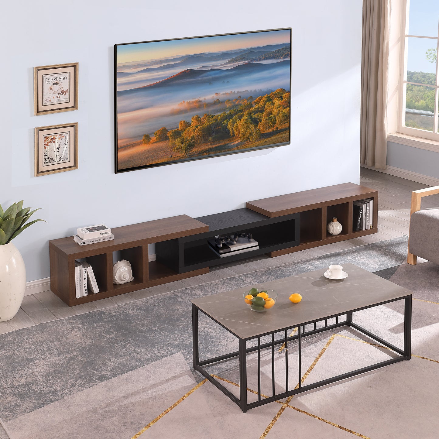 Tauris Astro Entertainment Center, TV Unit, Entertainment Unit 317cm Expandable Low Line Dark Oak Black Oak Lifestyle Image