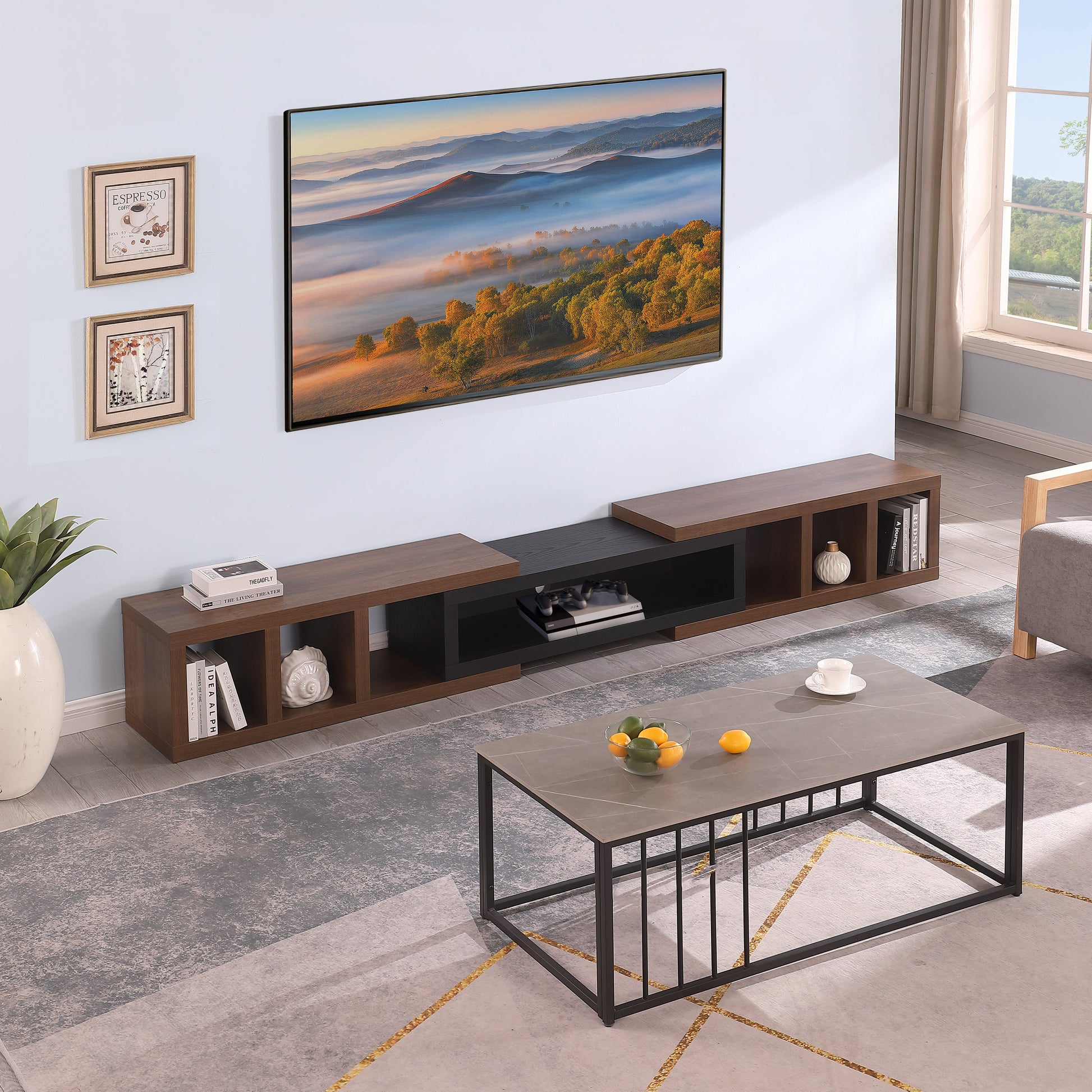 Tauris Astro Entertainment Center, TV Unit, Entertainment Unit 317cm Expandable Low Line Dark Oak Black Oak Lifestyle Image