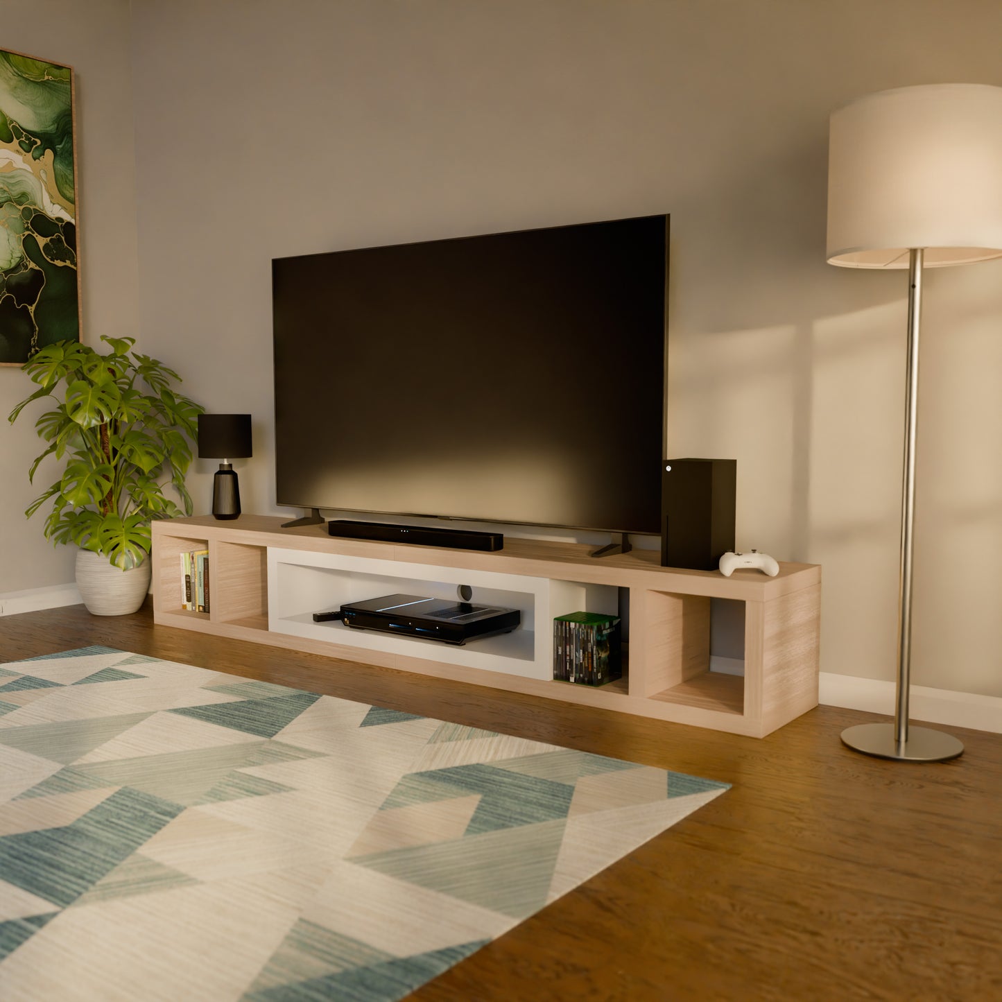 Tauris Astro Entertainment Cabinet, Extendable TV Unit, 317cm, Low Line Natural Oak White