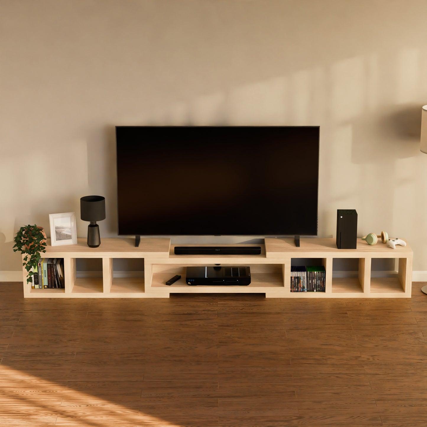 Tauris Astro Entertainment Cabinet, Extendable TV Unit, 317cm, Low Line Natural Oak