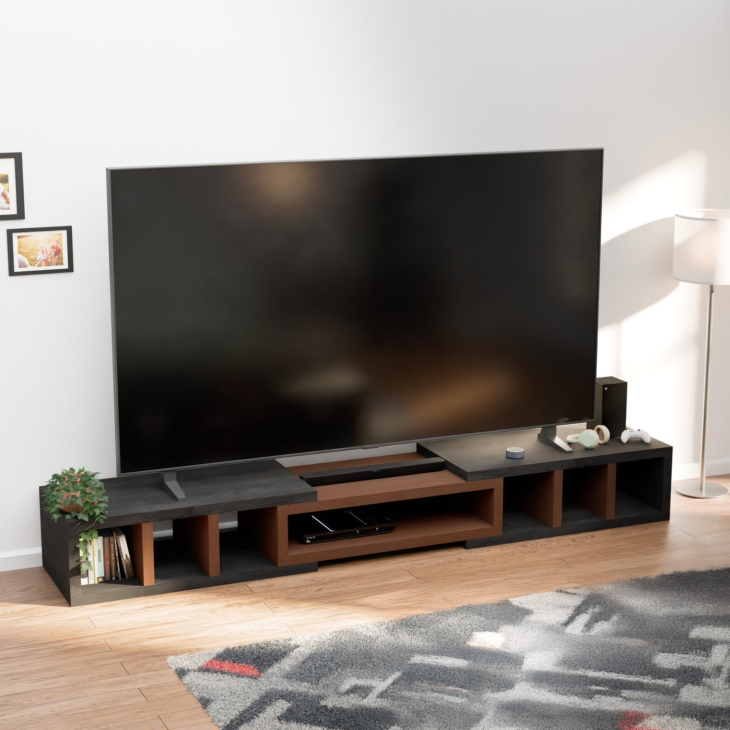 Tauris Astro Entertainment Cabinet, Extendable TV Unit, Extra Deep, 317cm, Low Line Black Oak Dark Oak