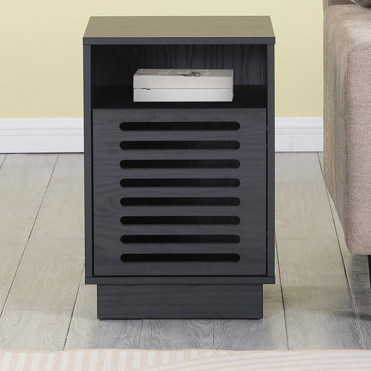 Tauris BURBANKETBO Side Table – Black Oak Finish with Slotted Door & Storage Shelves
