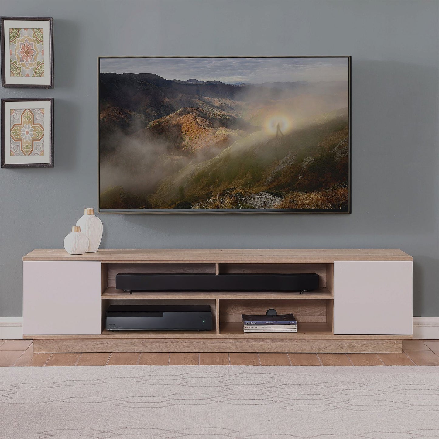 Tauris Delux Entertainment Center, TV Stand, Entertainment Unit 2000mm Sound Bar Space, Two Component Spaces Oak