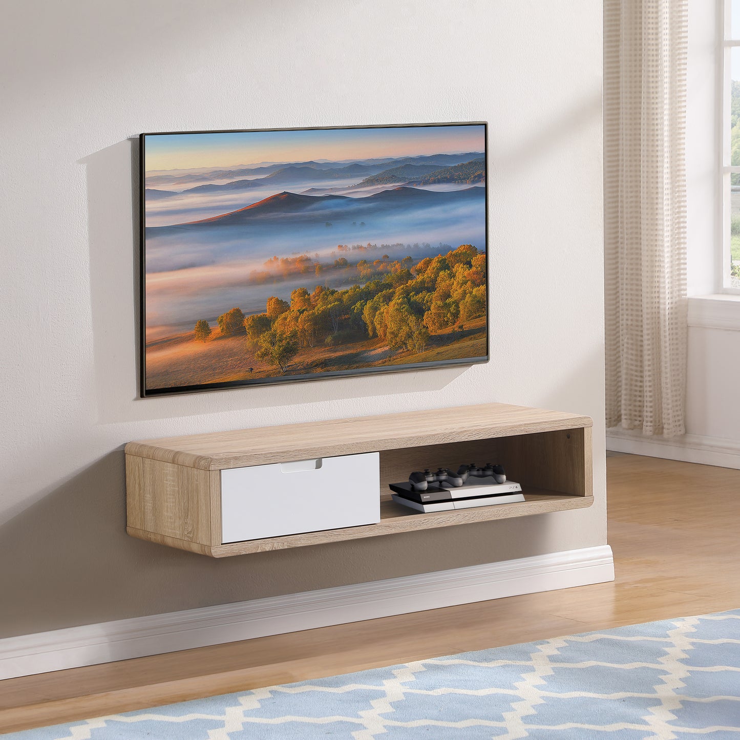 Tauris Hover Entertainment Center, TV Stand, Entertainment Unit 1200mm Wall Mount Unit Light Oak