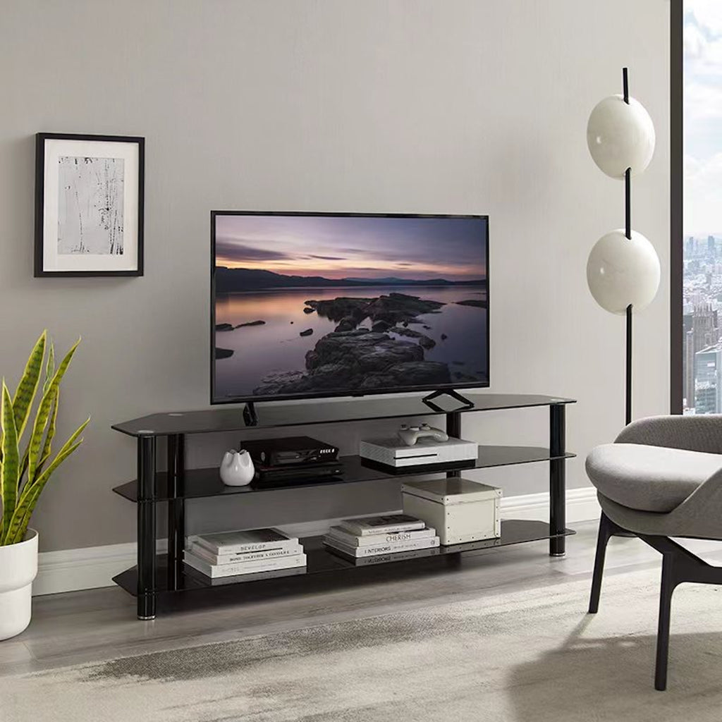 Tauris ACE Entertainment Center, TV Stand, Entertainment Unit 1500mm Tempered Glass and Steel Unit Black