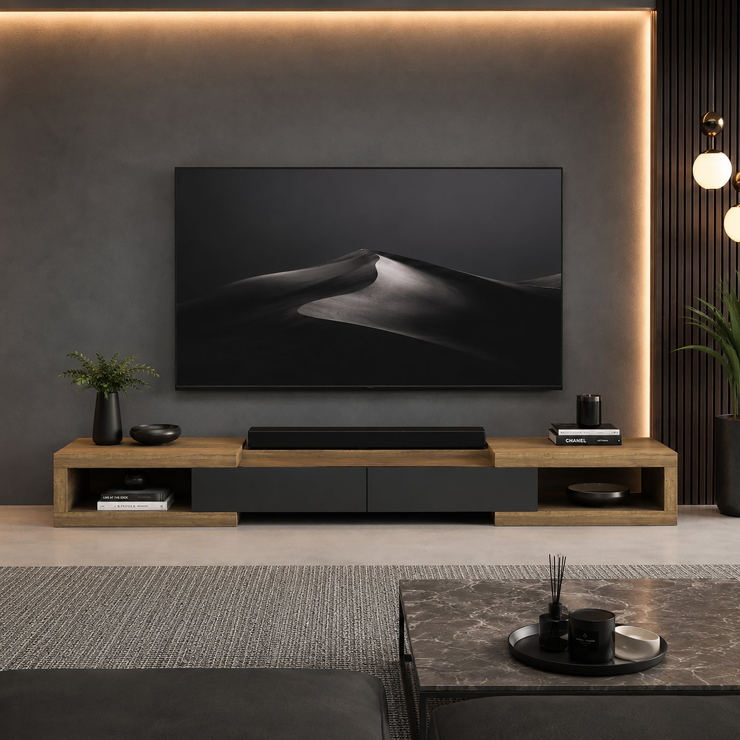 Tauris Slide Entertainment Center, TV Cabinet, Entertainment Unit 2500mm Expandable Low Line Dark Oak