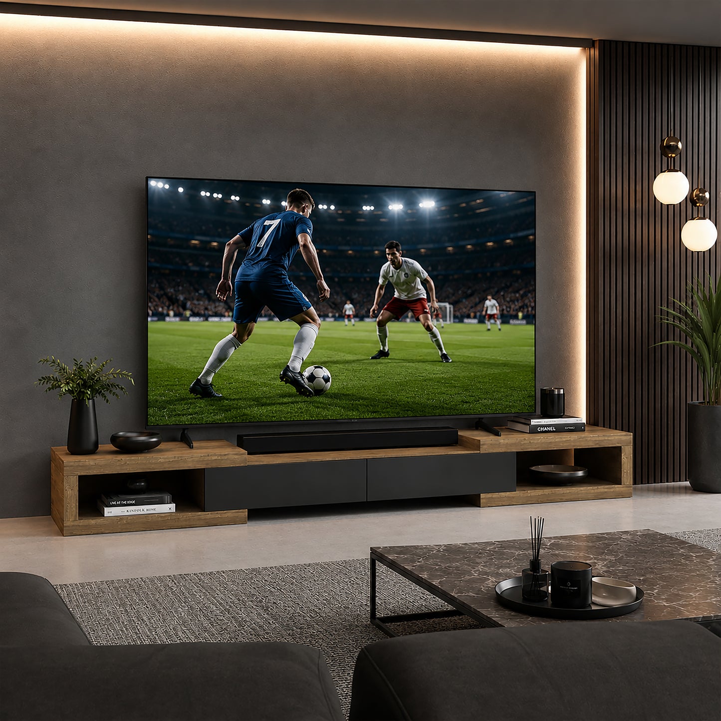 Tauris Slide Entertainment Center, TV Cabinet, Entertainment Unit 2500mm Expandable Low Line Dark Oak