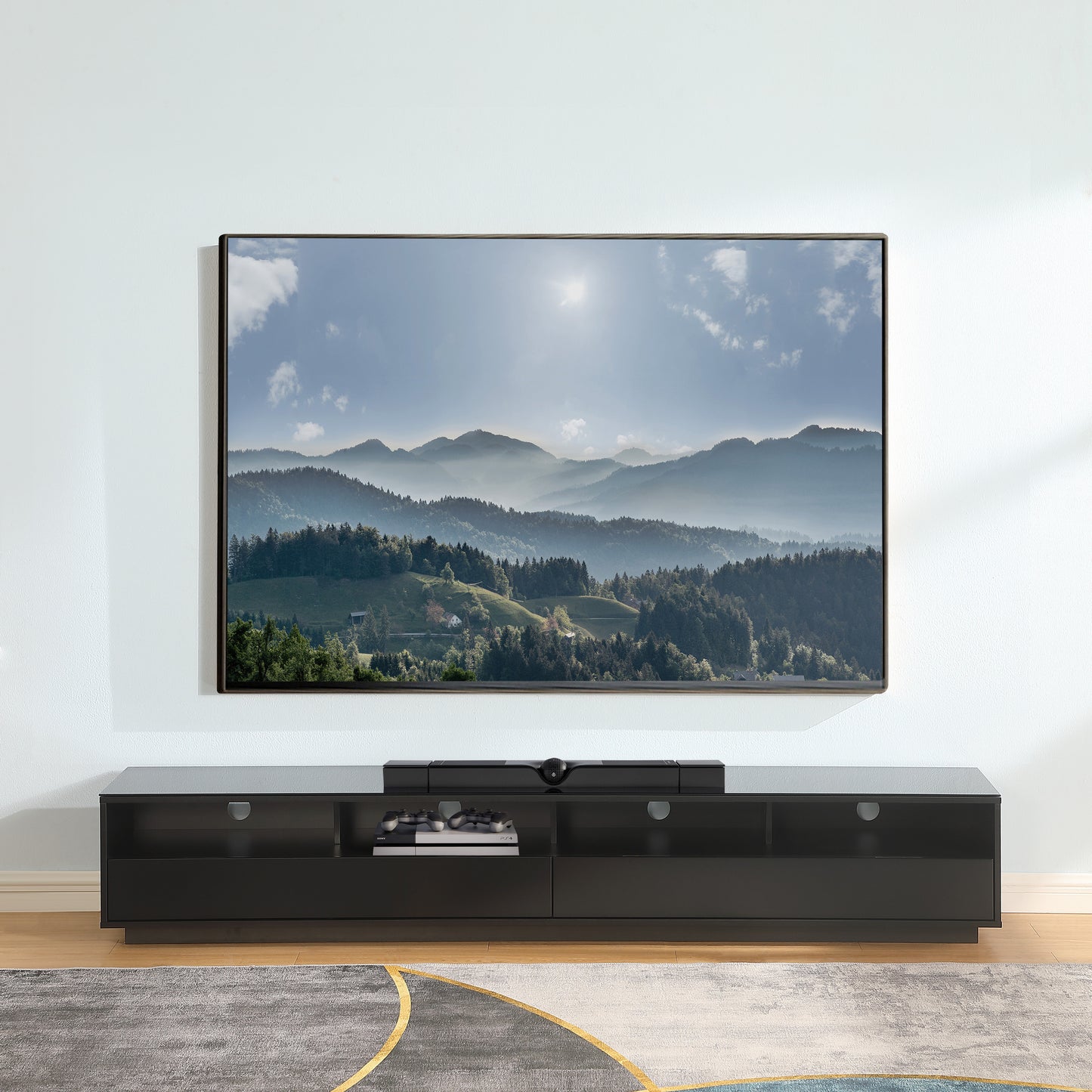 Tauris Suave Low Line TV Unit 2200mm , Sound Bar Shelf, Tempered Glass Top, Black