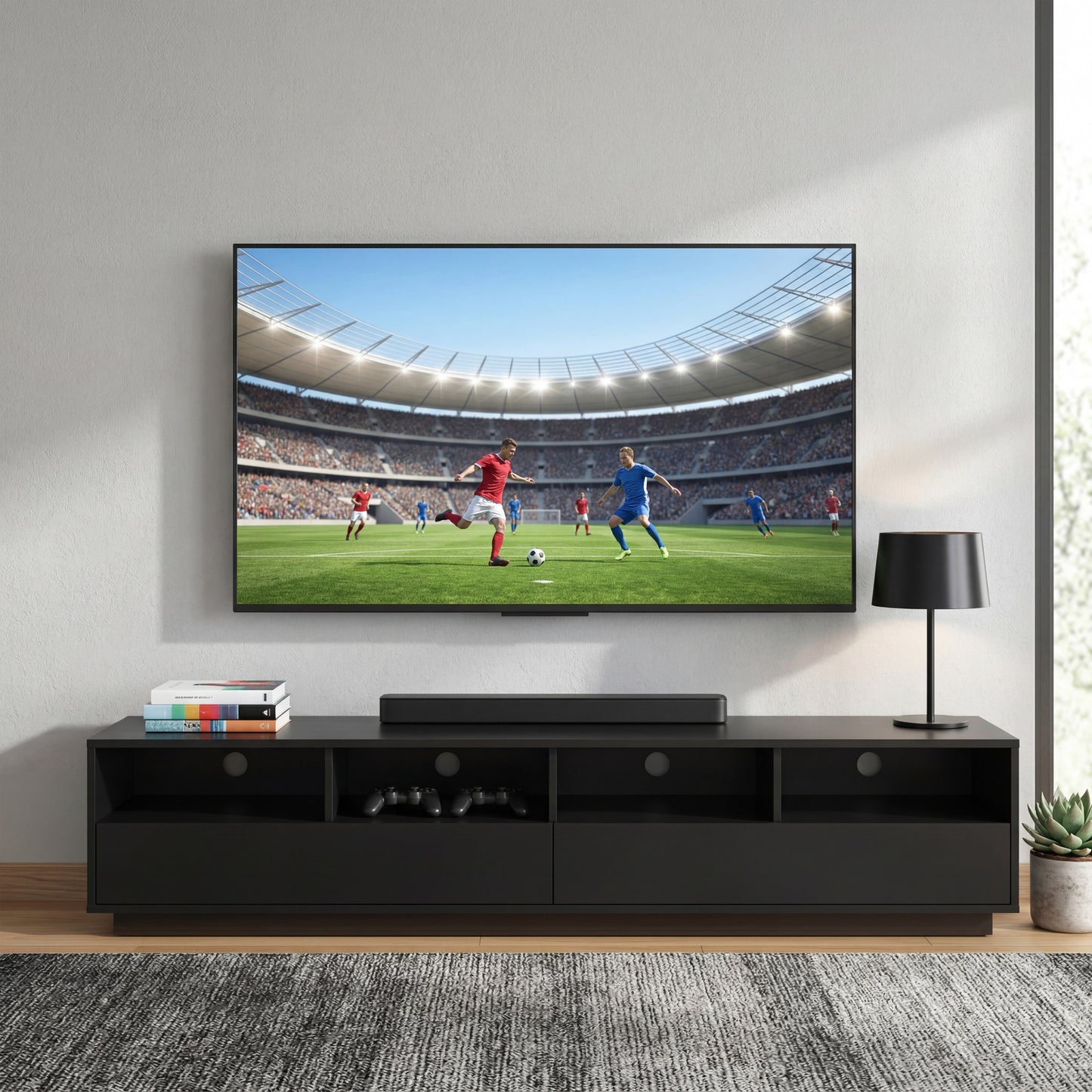 Tauris Suave Low Line TV Unit 2200mm , Sound Bar Shelf, Tempered Glass Top, Black