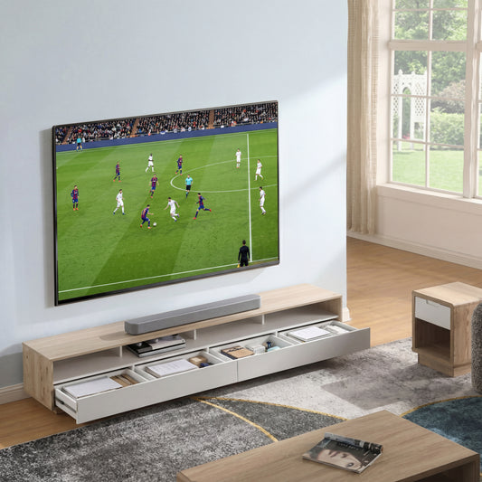 Tauris Suave Low Line TV Unit 2200mm , Sound Bar Shelf, Oak and White