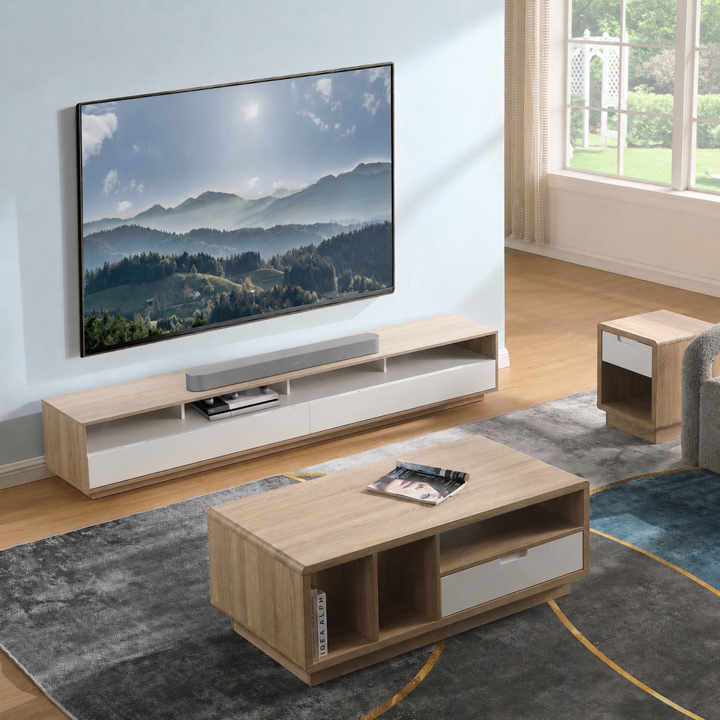 Tauris Suave Low Line TV Unit 2200mm , Sound Bar Shelf, Oak and White